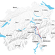The old “panoramic” rail route in blue largely travels over the mountains, and the new high-speed rail tunnel is in red. (Image: Swiss Travel System)